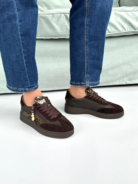 Кроссовки кожаные NilaNila D26KA-365 BROWN/LEOPARD